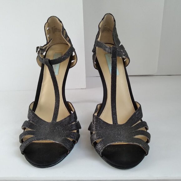 Black Suede Silver Glitter Peep Toe Cut Out Stiletto Heel TStrap Sandals Sz 9.5 - Picture 2 of 13